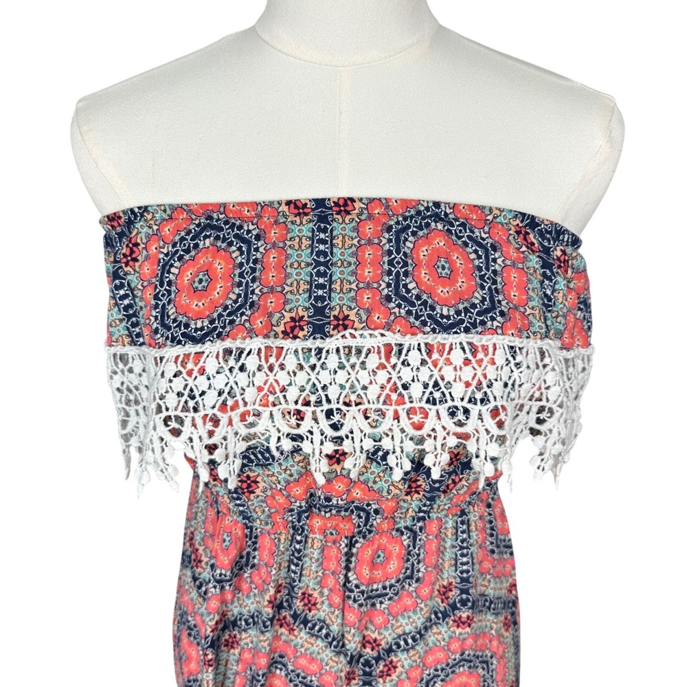 Trixxi Strapless Maxi Dress Geometric Medallion Crochet Lace Smocked Waist - Picture 3 of 7